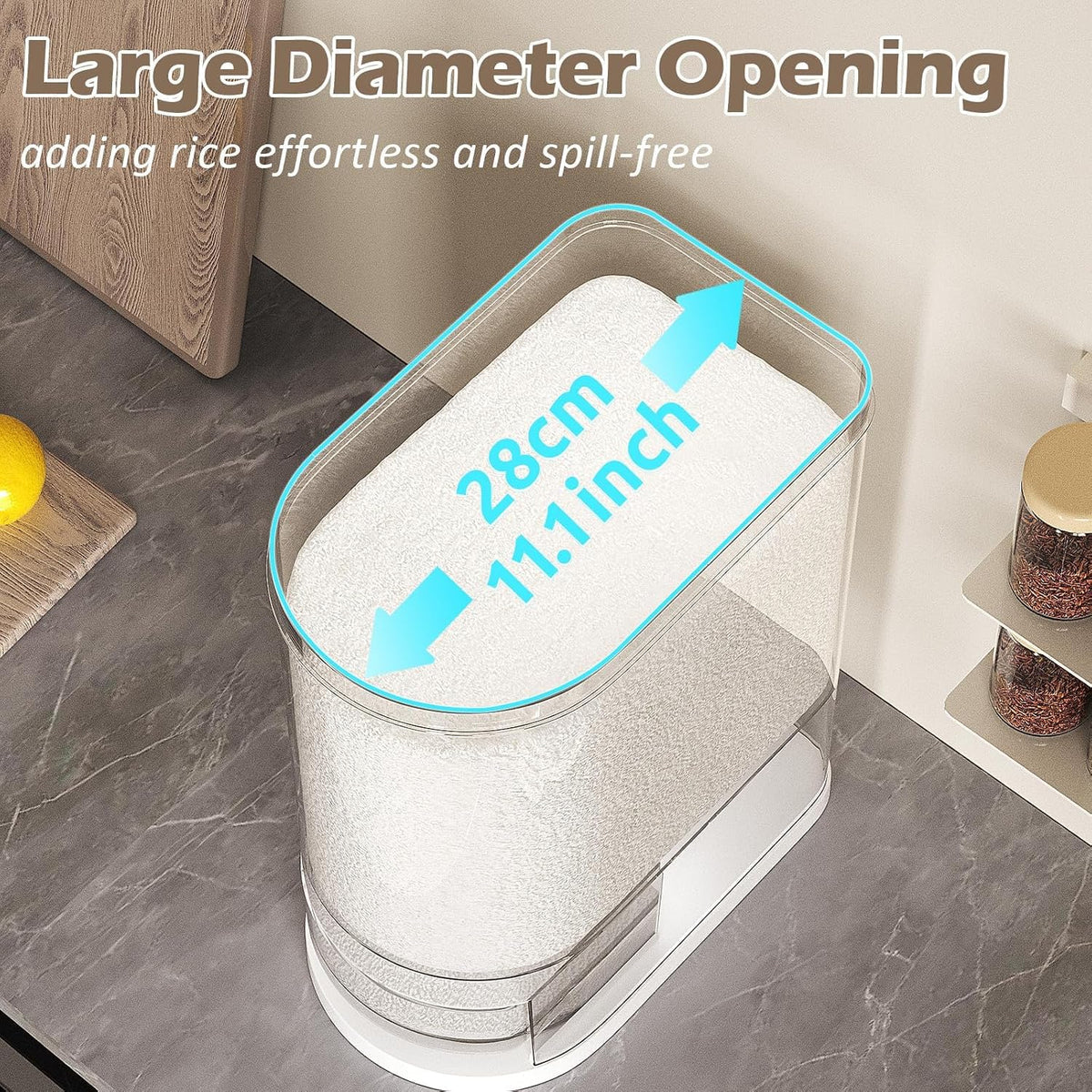 Rice Dispenser, 22-25 Lbs, Airtight Rice Container, Measuring Cup