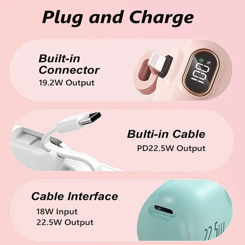 5000mAh Mini Portable Charger with 22.5W Output, Features Two USB Ports (Type-C & USB-A) and Digital Power Display for Accurate Monitoring, Compact and Lightweight Design Ensures Easy Portability