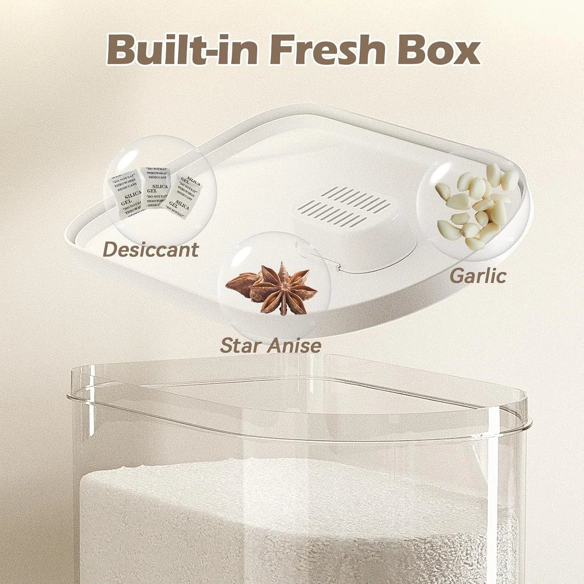 Rice Dispenser, 22-25 Lbs, Airtight Rice Container, Measuring Cup